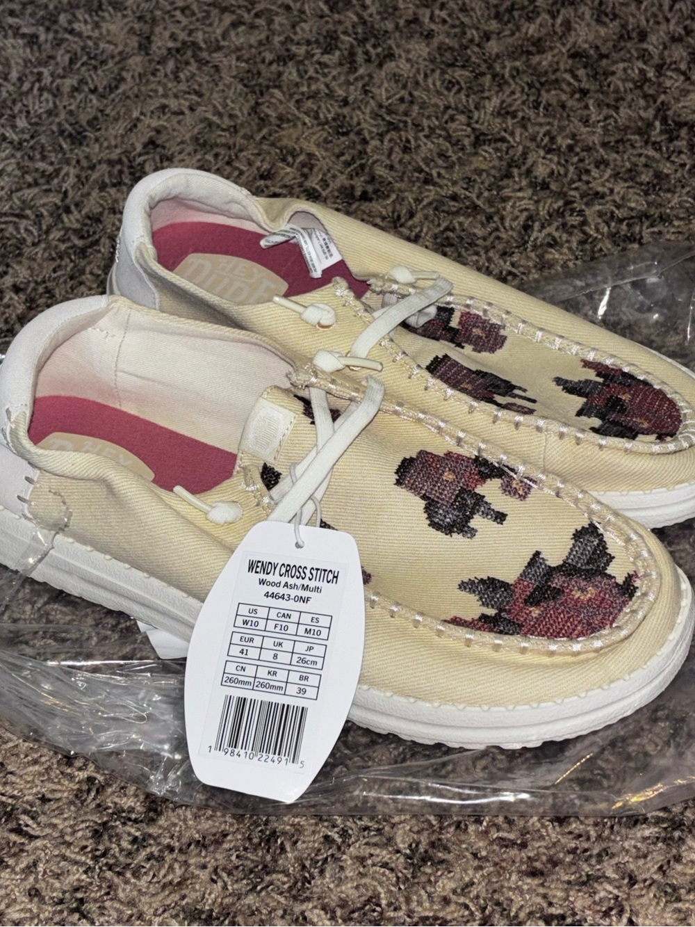 Hey Dude Women Wendy Cross Stitch Canvas Loafer Wood Ash Multi Shoes Size 10 New